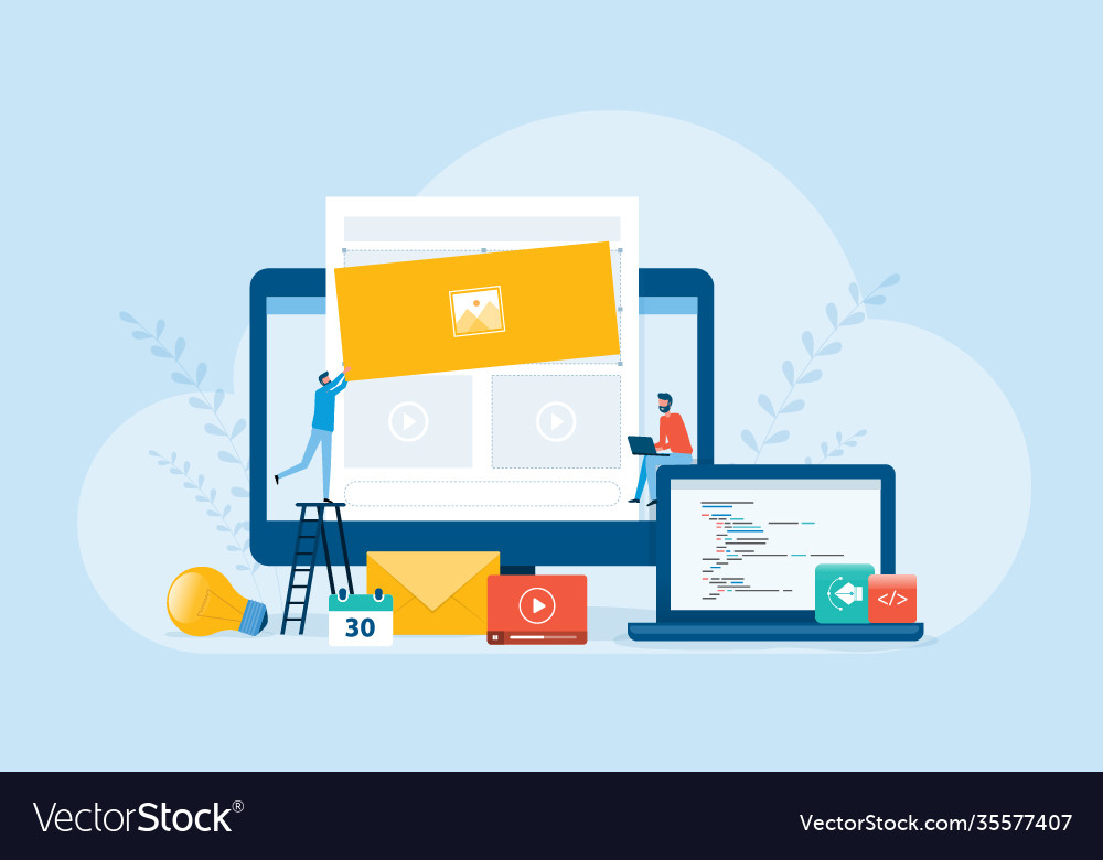 Flat business team working and web de vector image Flat business team working and web de