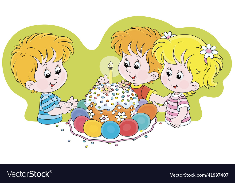 Happy little kids and a fancy easter cake Vector Image