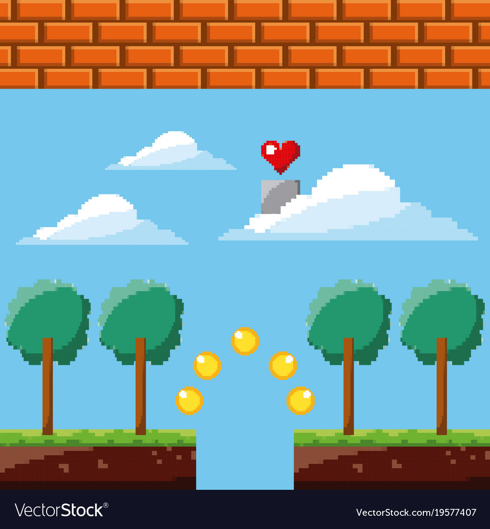 Pixel game heart sky coins trees brick wall