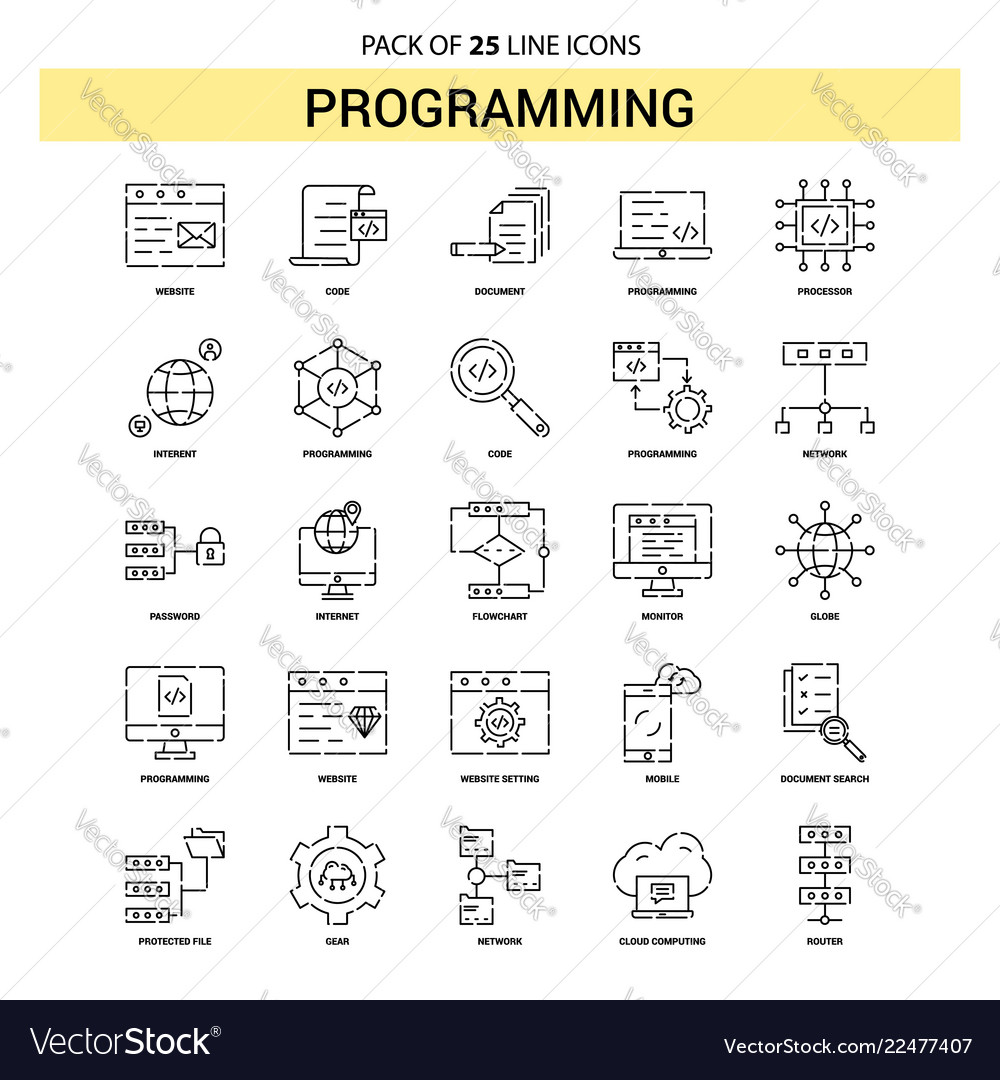 Programming line icon set - 25 dashed outline
