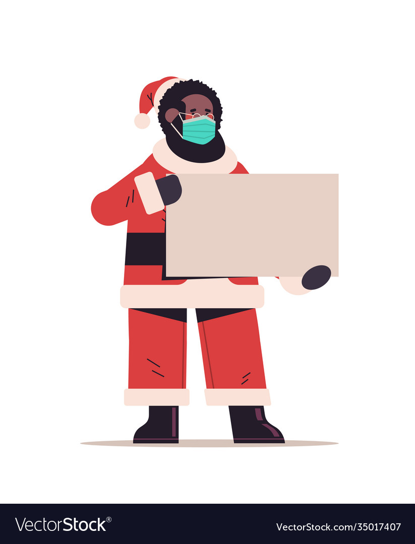 Santa claus in mask holding blank poster