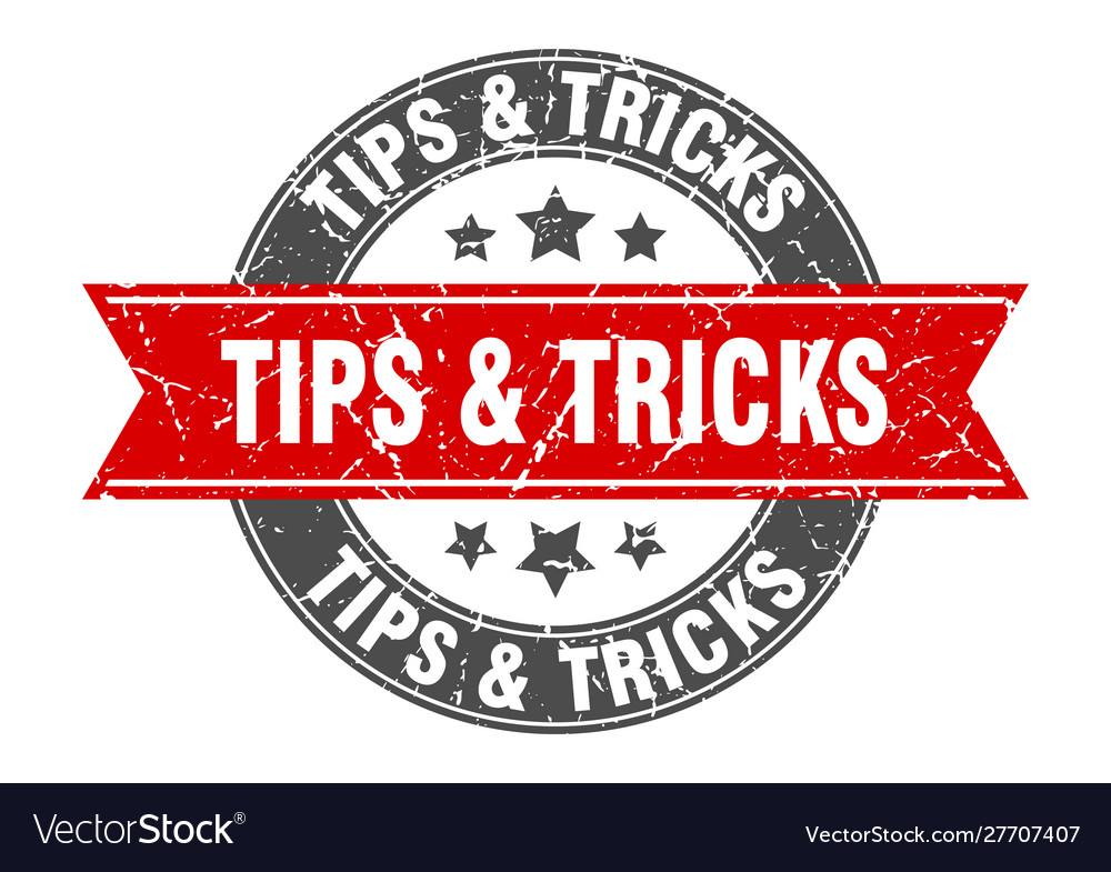 Tips tricks round stamp with red ribbon