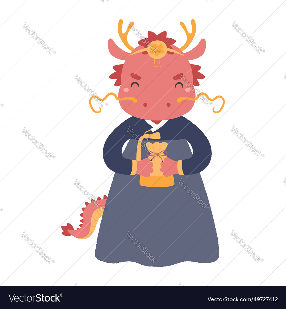 Cute dragon girl in hanbok holding traditional