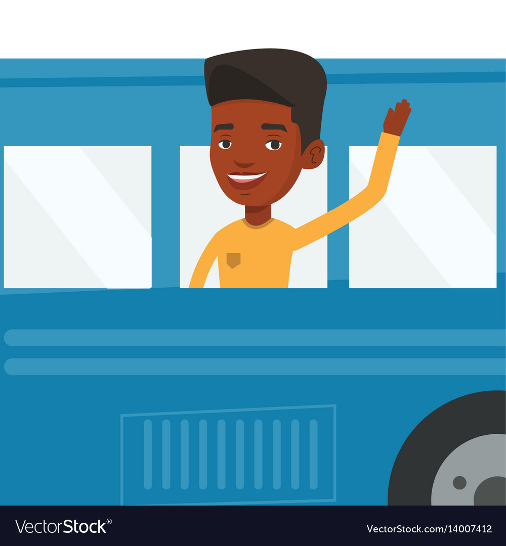 Man waving hand from bus window