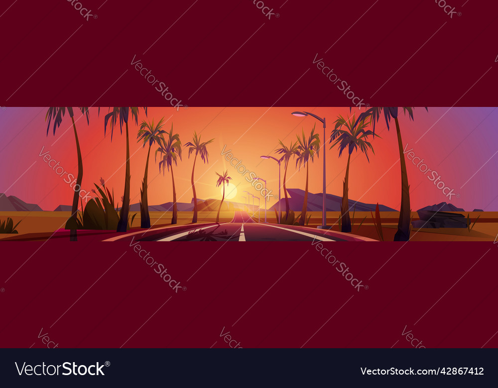 Sunset landscape road with palm trees by sides Vector Image