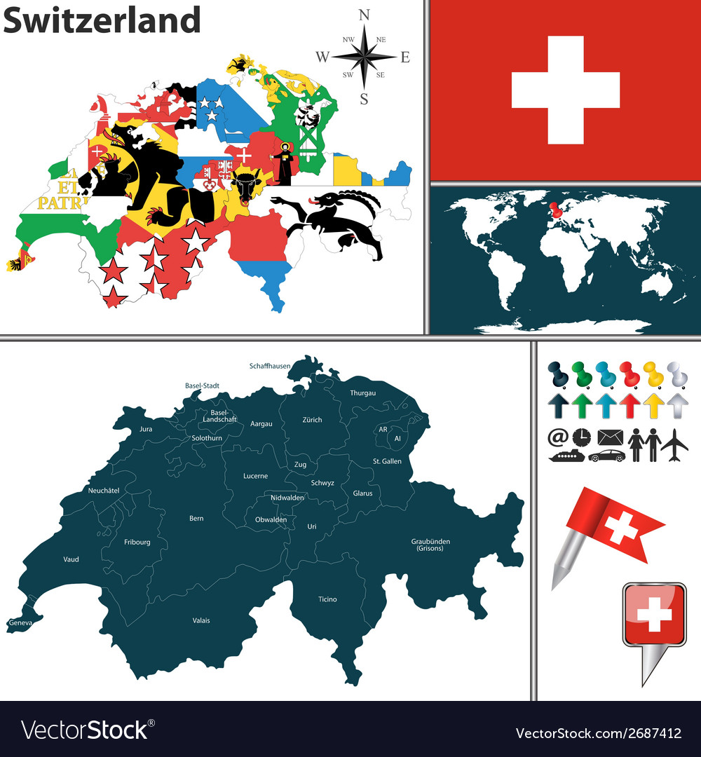 Switzerland map with regions and flags Royalty Free Vector