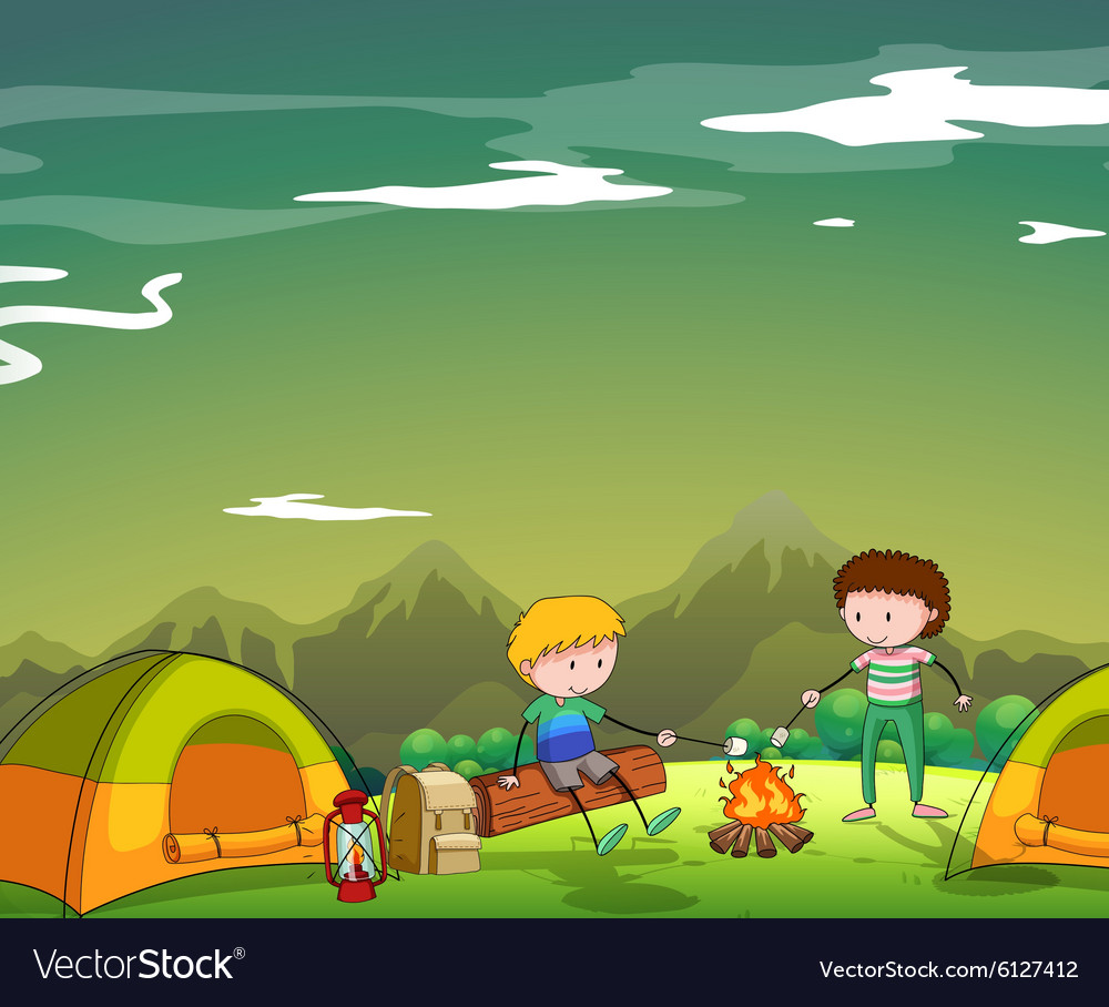 Two men camping out on the mountain Royalty Free Vector