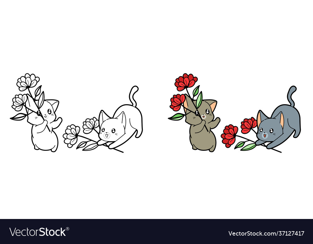 Cartoon Katzen und Blumen Färbung Seite für Kinder vector image Cartoon Katzen und Blumen Färbung Seite für Kinder