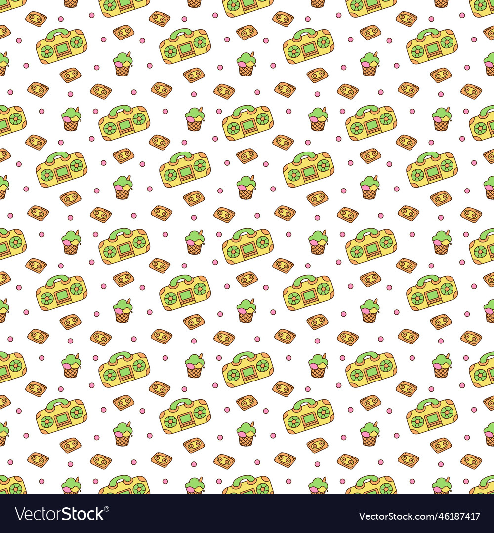 Cute seamless pattern with record player cassette