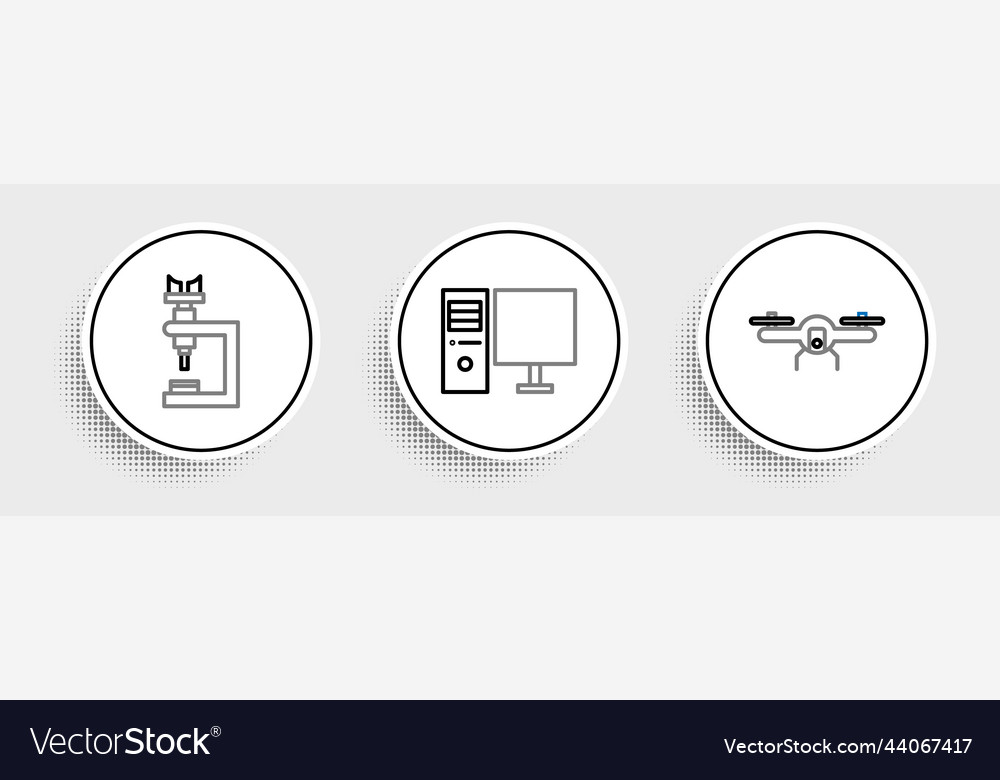 Set line drone flying microscope and computer vector image Set line drone flying microscope and computer