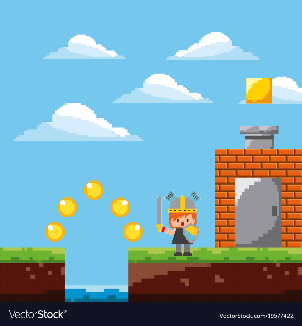 pixel game platform level warrior door coins vector image