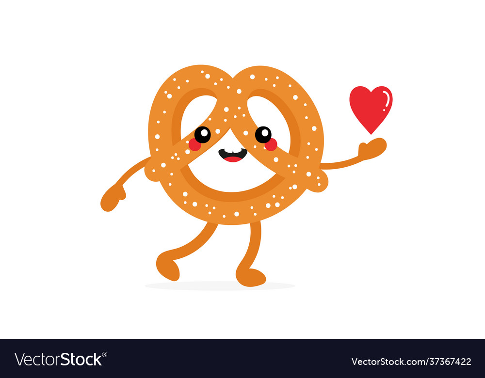 Smiling pretzel character holding red heart Vector Image