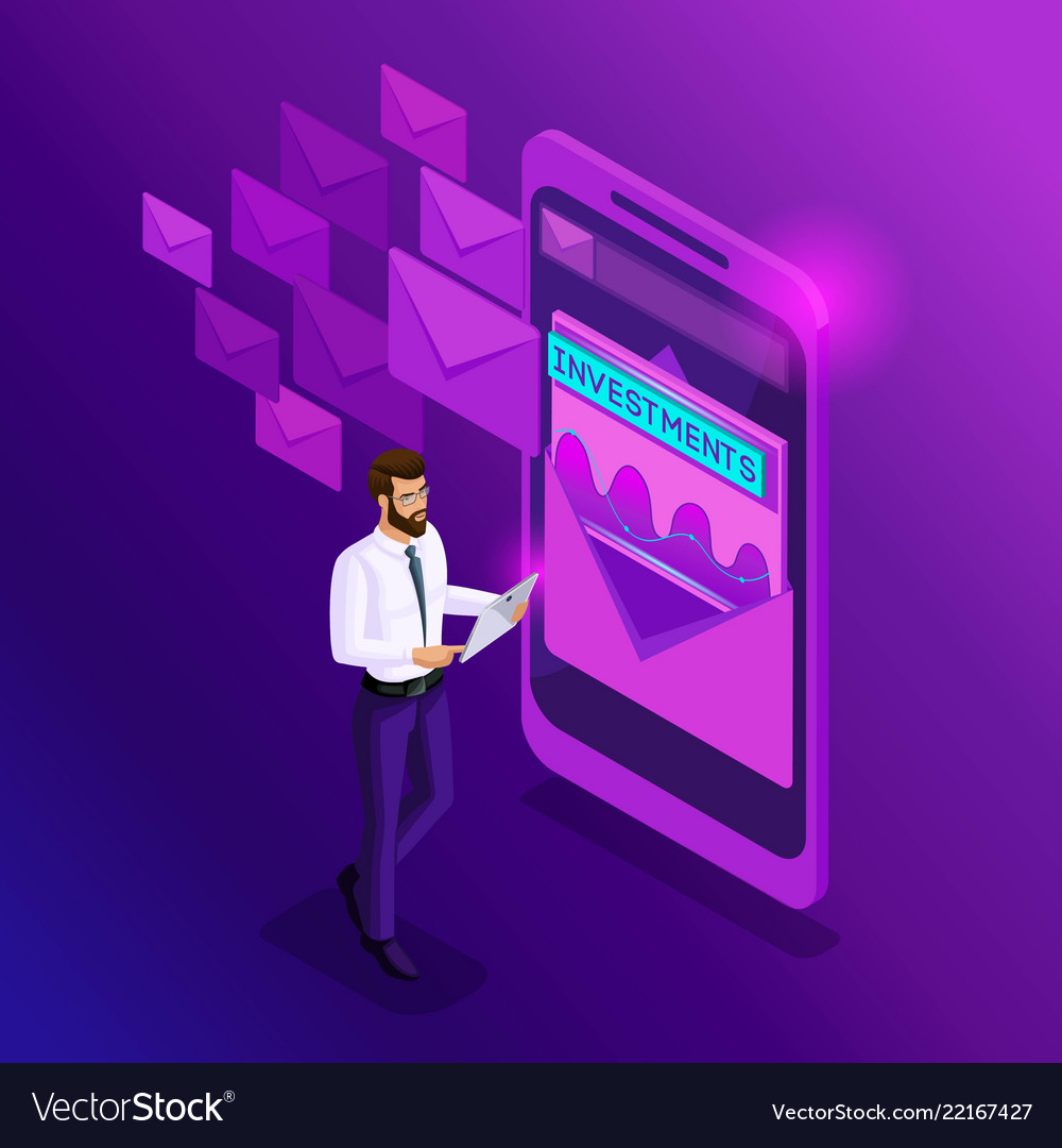 Isometrics businessman checks the mail analytics vector image Isometrics businessman checks the mail analytics