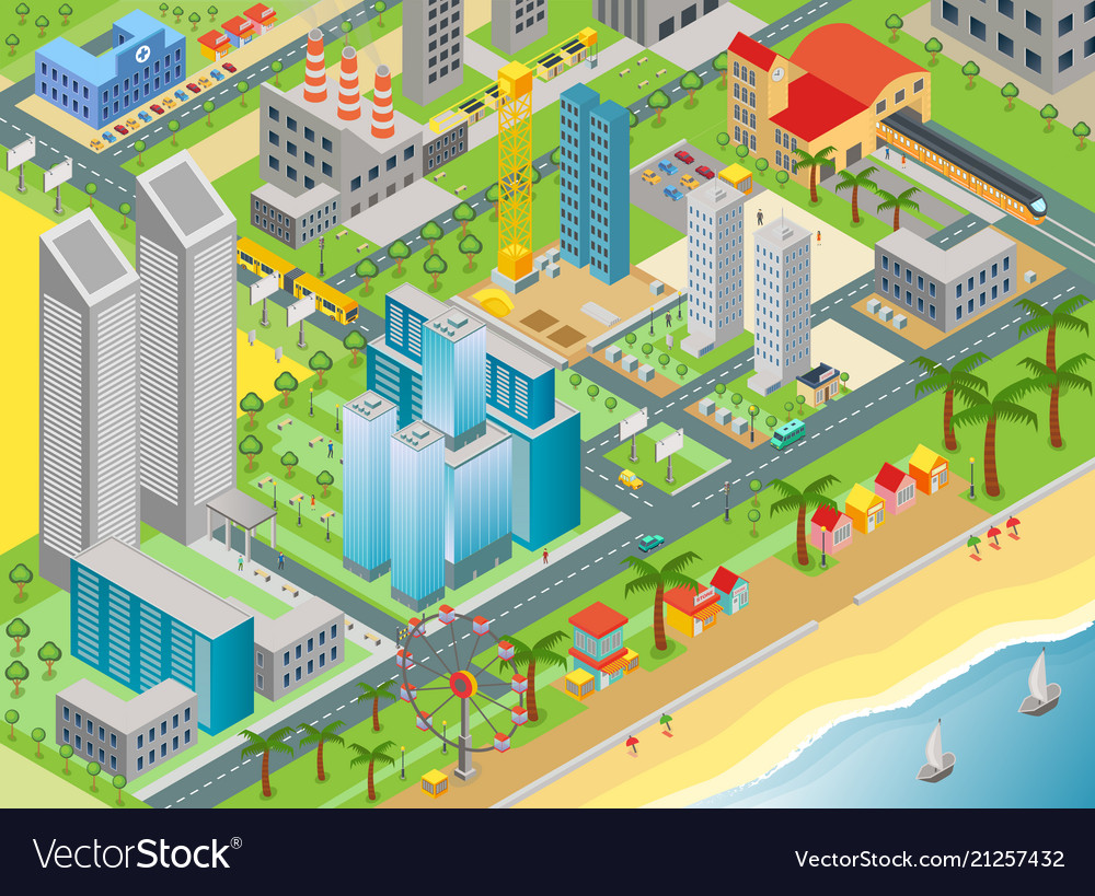 Isometric of city map with modern - Isometric Of City Map With Modern Buildings Vector 21257432 