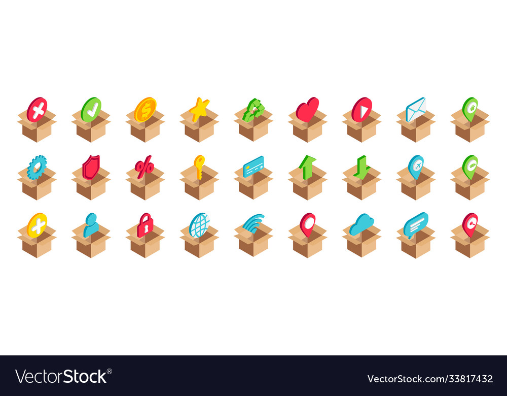 Isometric web and logistic services box icon set vector image Isometric web and logistic services box icon set