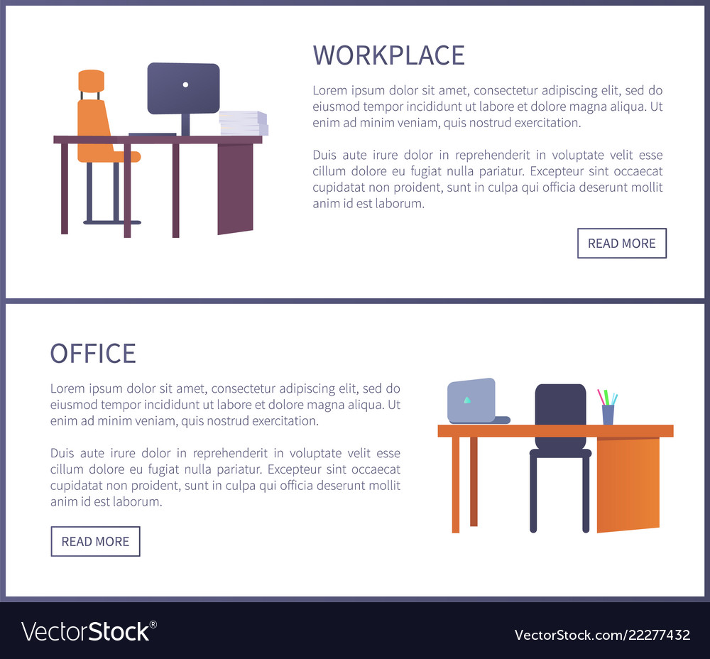 Office workplace web posters set with empty tables vector image Office workplace web posters set with empty tables