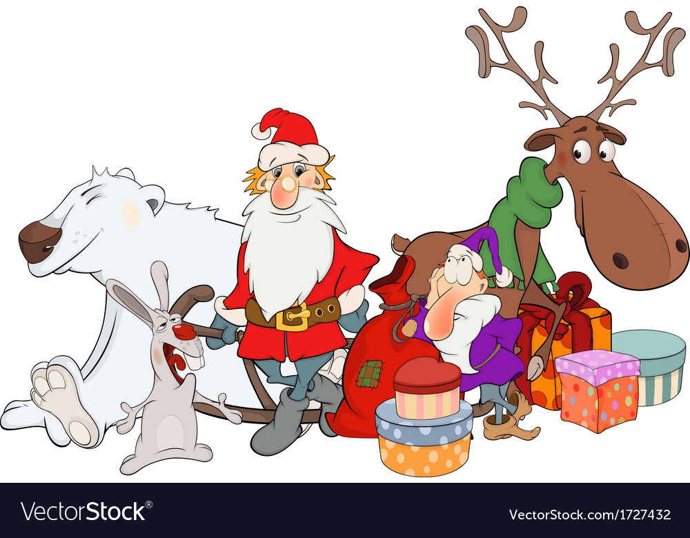 Santa Claus His Friends And Christmas Gifts Vector Image