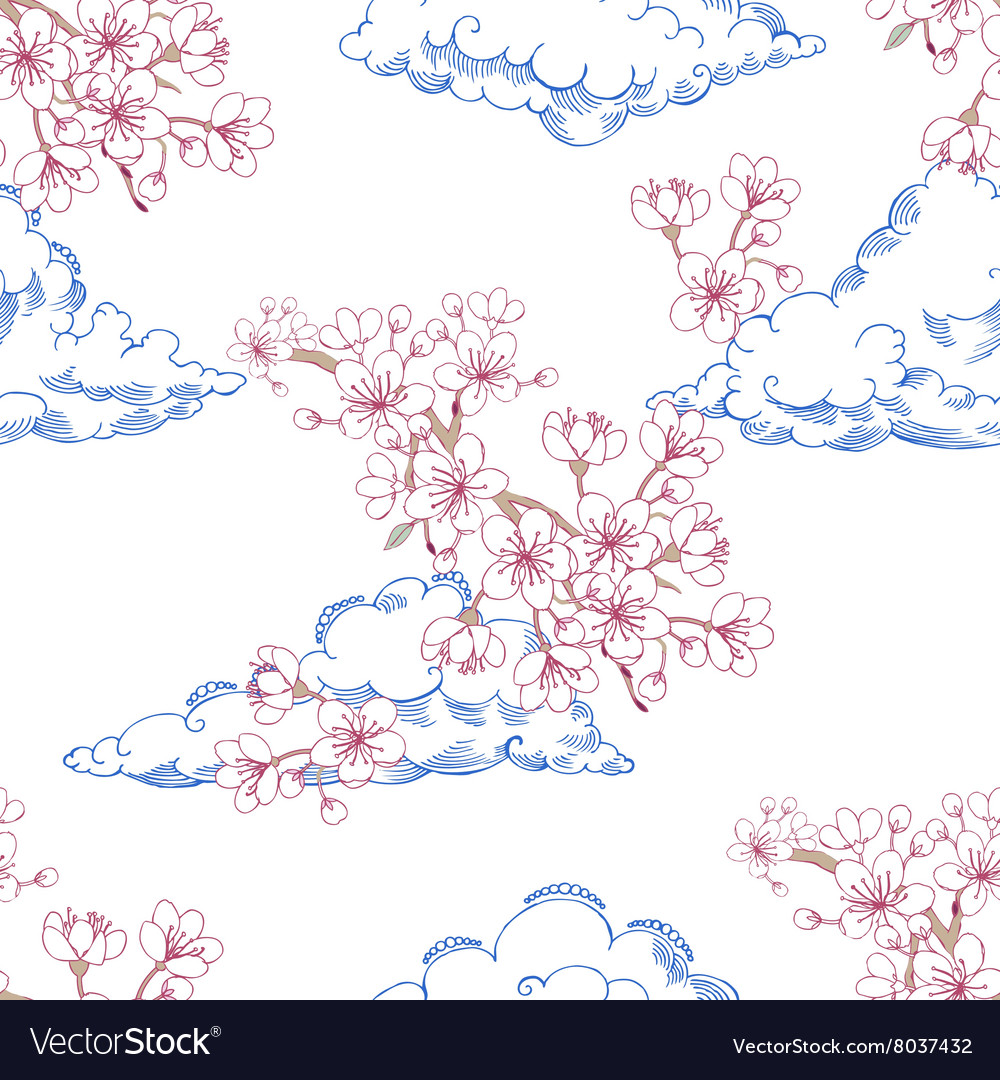Seamless pattern with sakura and clouds
