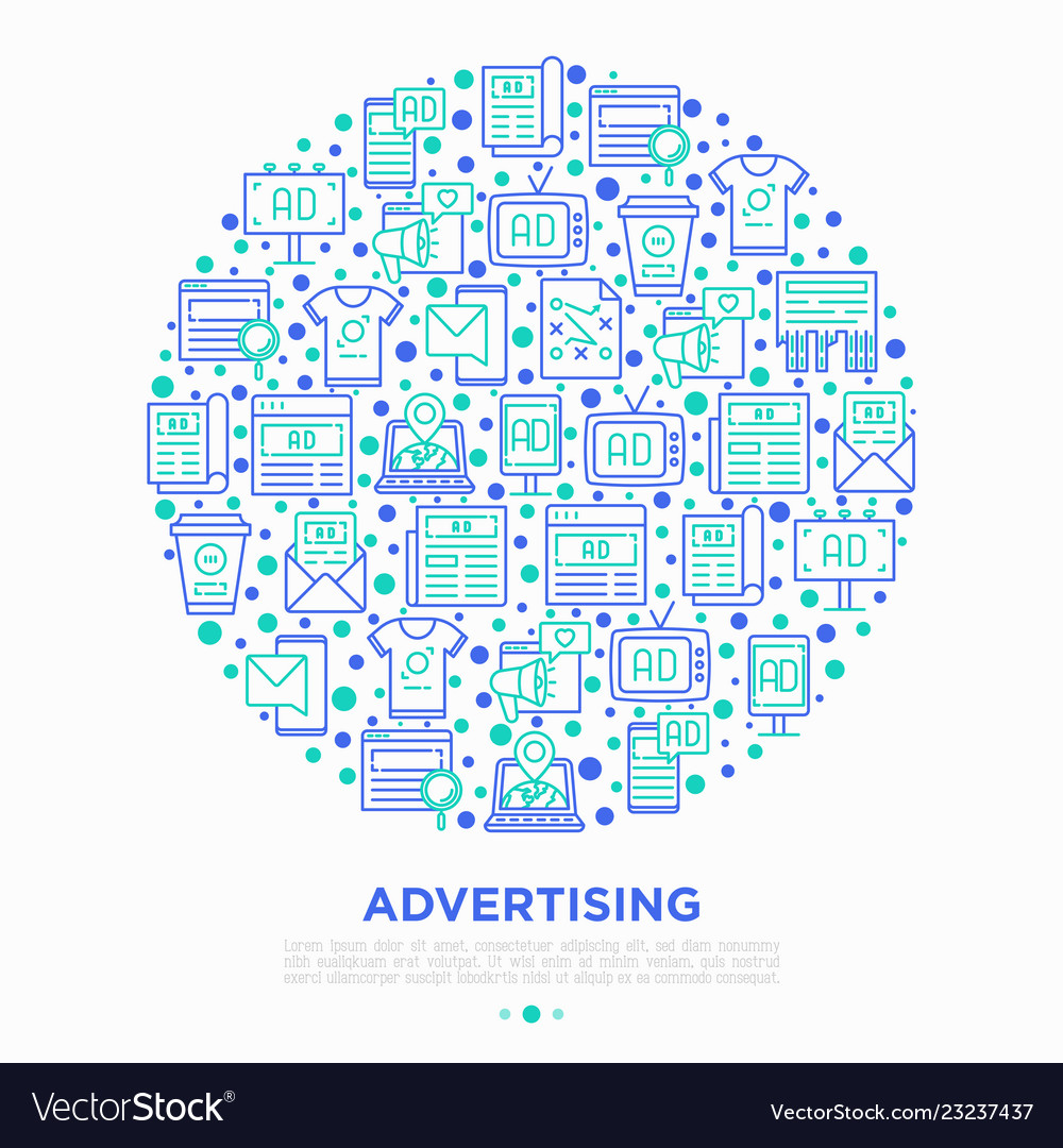 Advertising concept in circle with thin line icons