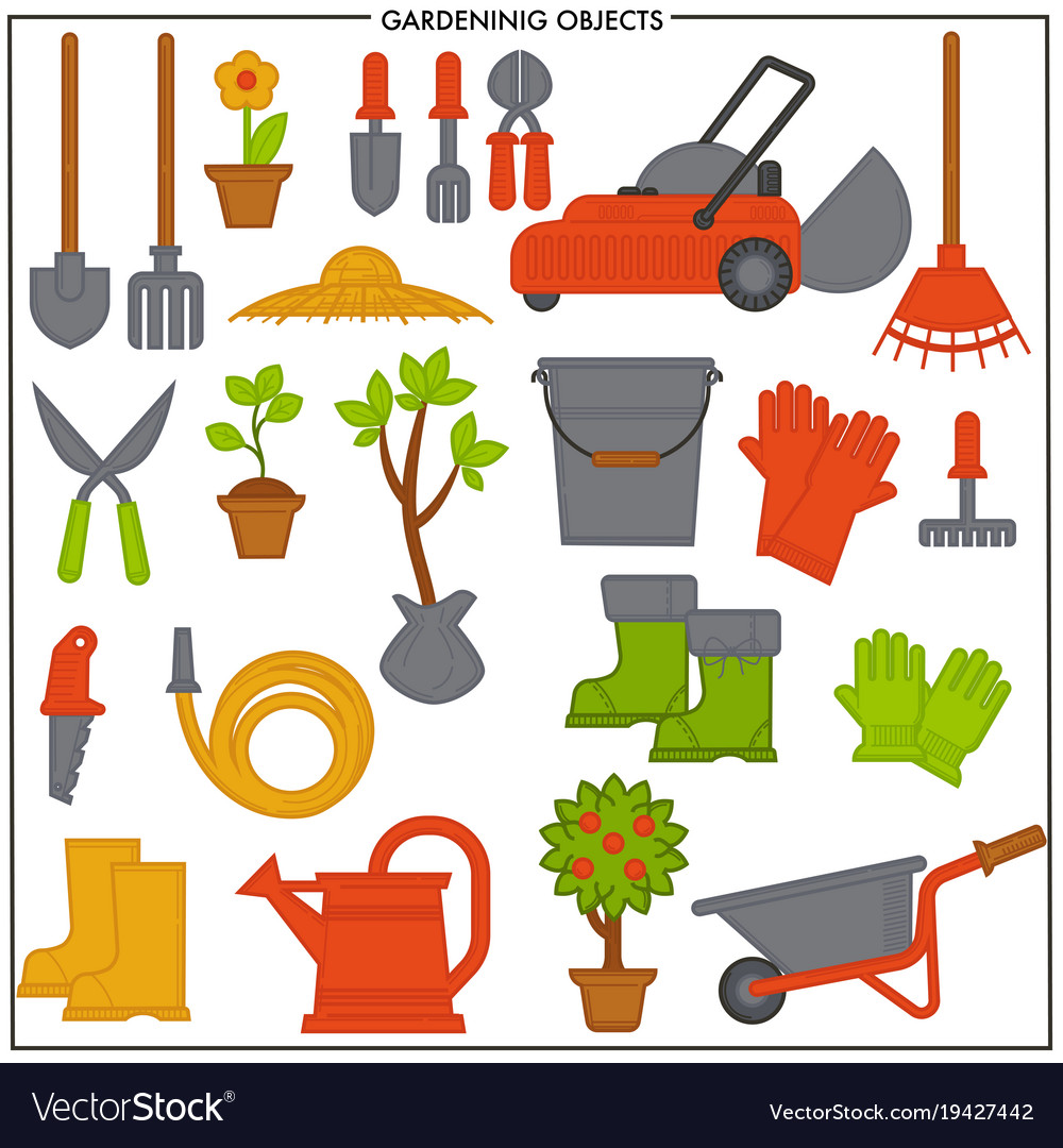 Gardening objects set composed convenient metal Vector Image