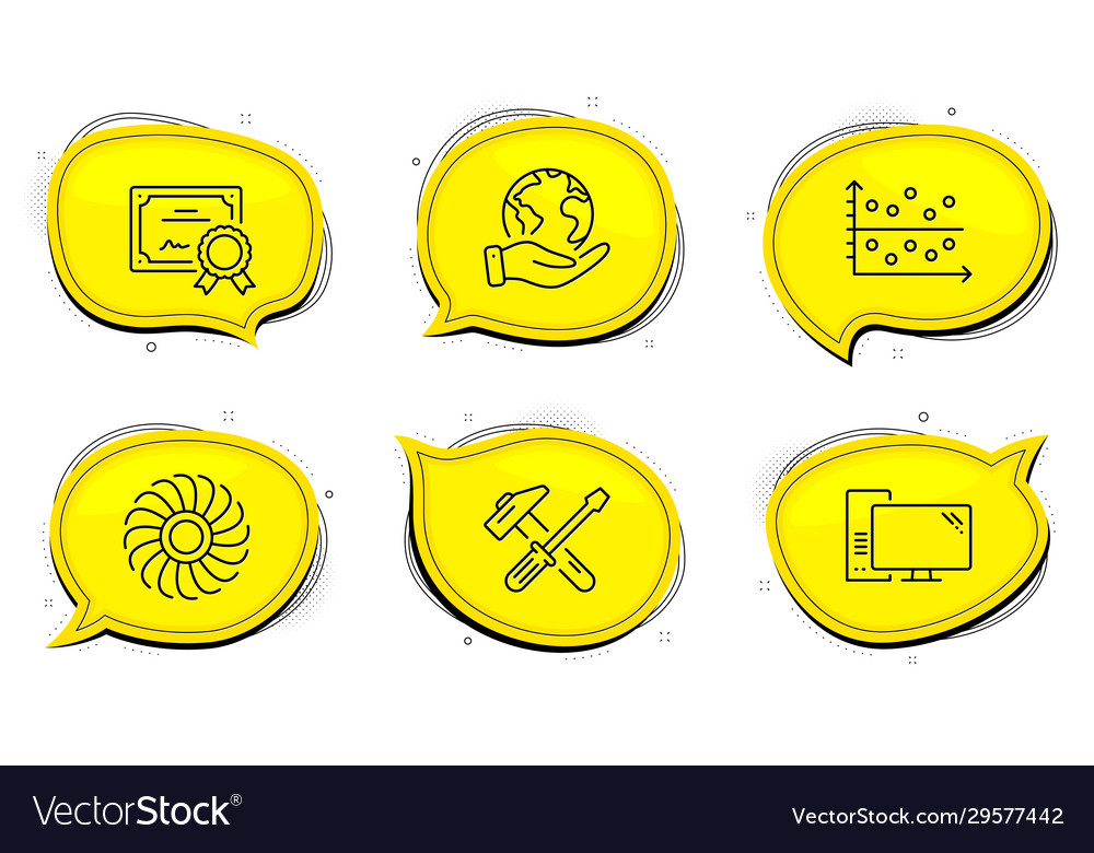 Hammer tool computer and dot plot icons set fan