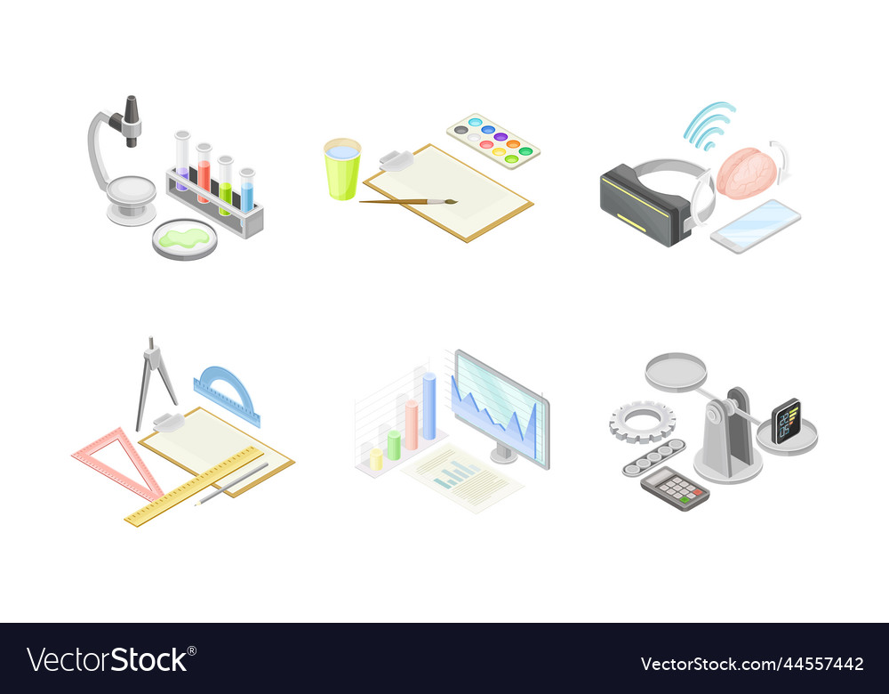 School lesson subjects and science objects set vector image School lesson subjects and science objects set
