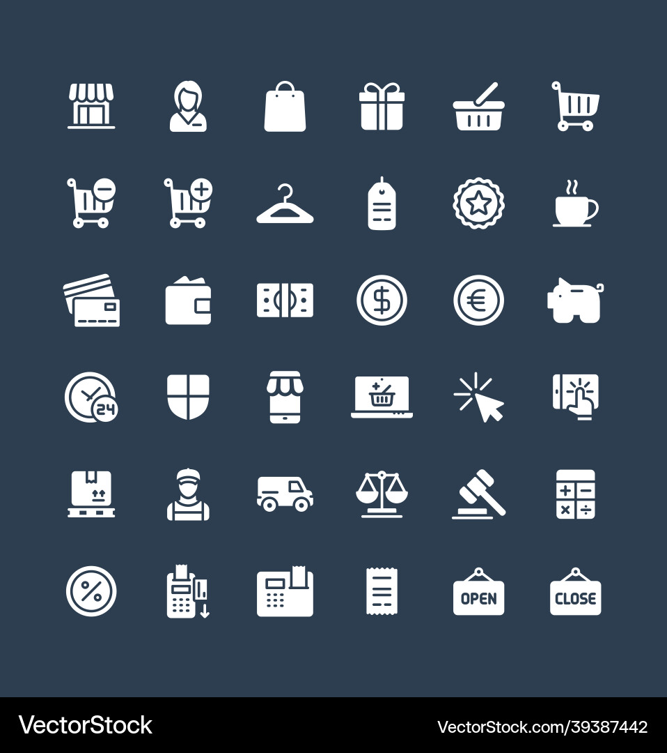 Solid icons set with shopping and e Royalty Free Vector