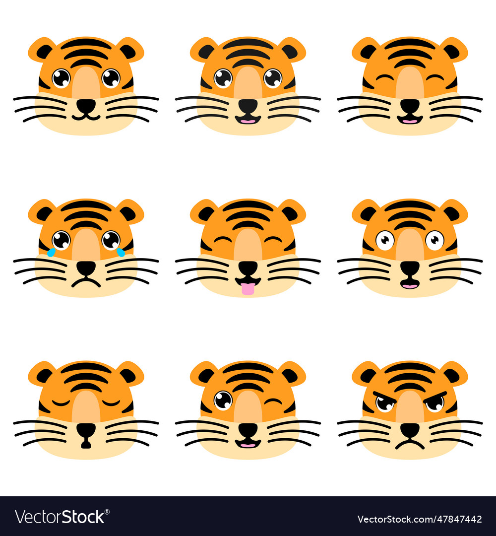 Tiger head flat icon set collection Royalty Free Vector