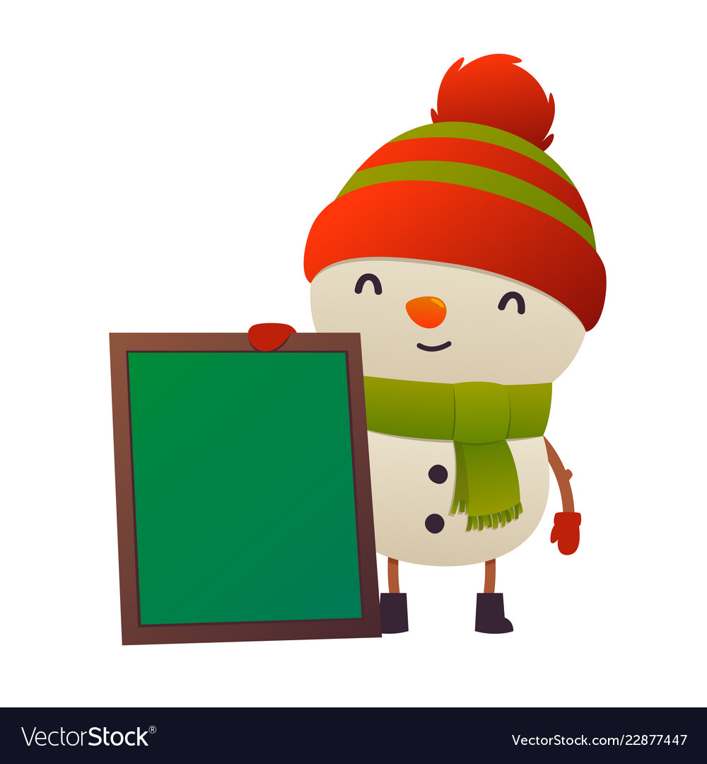 Cartoon cute snowman with message board isolated