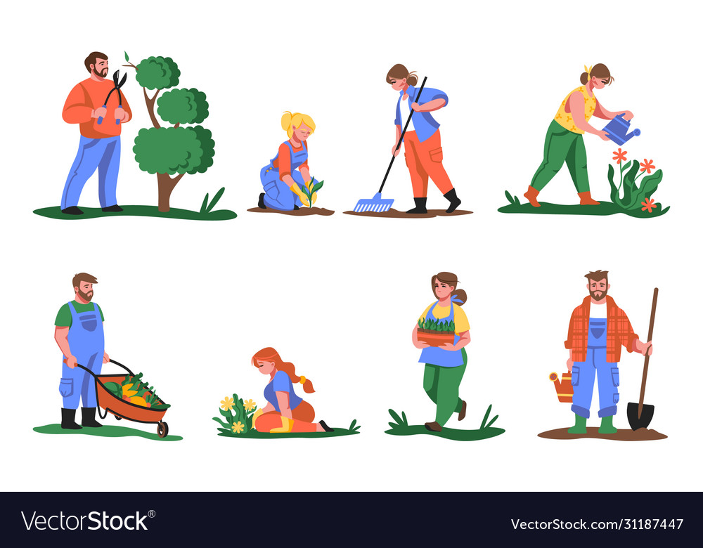 Farmers cartoon people planting flowers and Vector Image