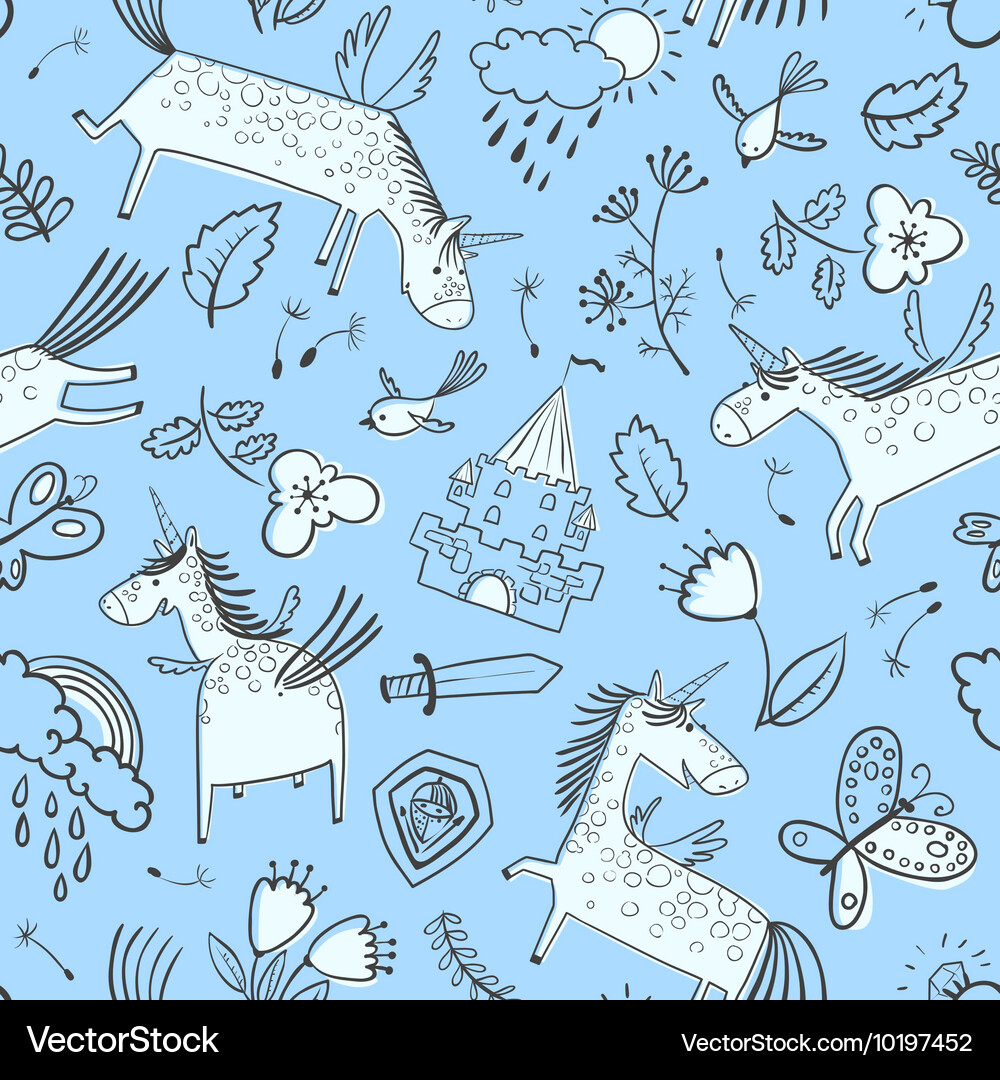 Doodle seamless pattern with magic unicorns Vector Image