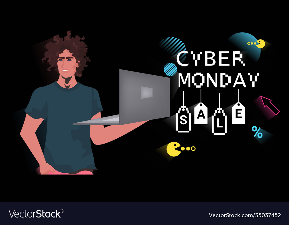 Guy using laptop cyber monday online sale poster