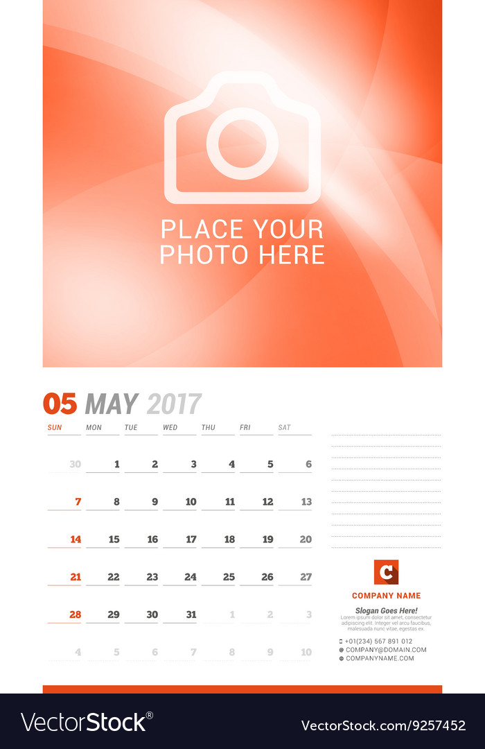 May 2017 wall monthly calendar for year