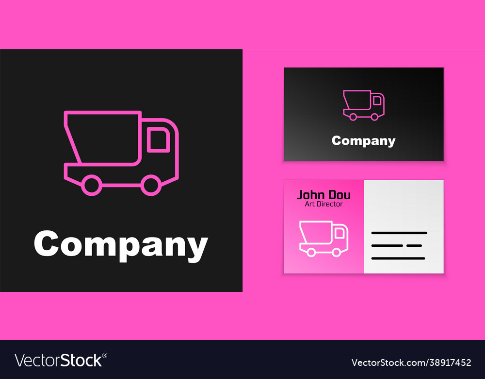 Pink line toy truck icon isolated on black