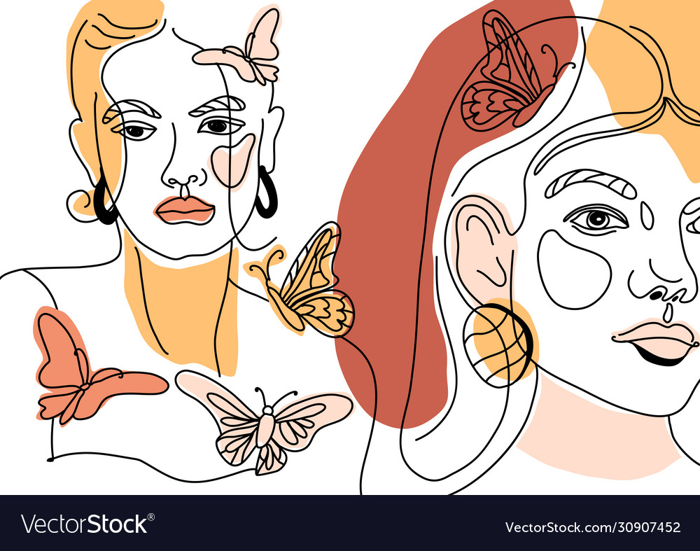 Set womans face minimal line style ol-line vector image Set womans face minimal line style ol-line