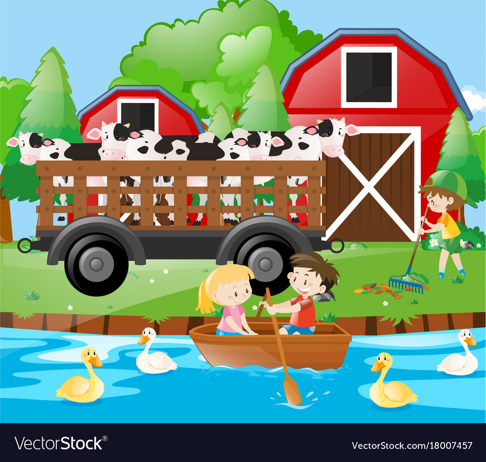 Farm scene with cows in wagon