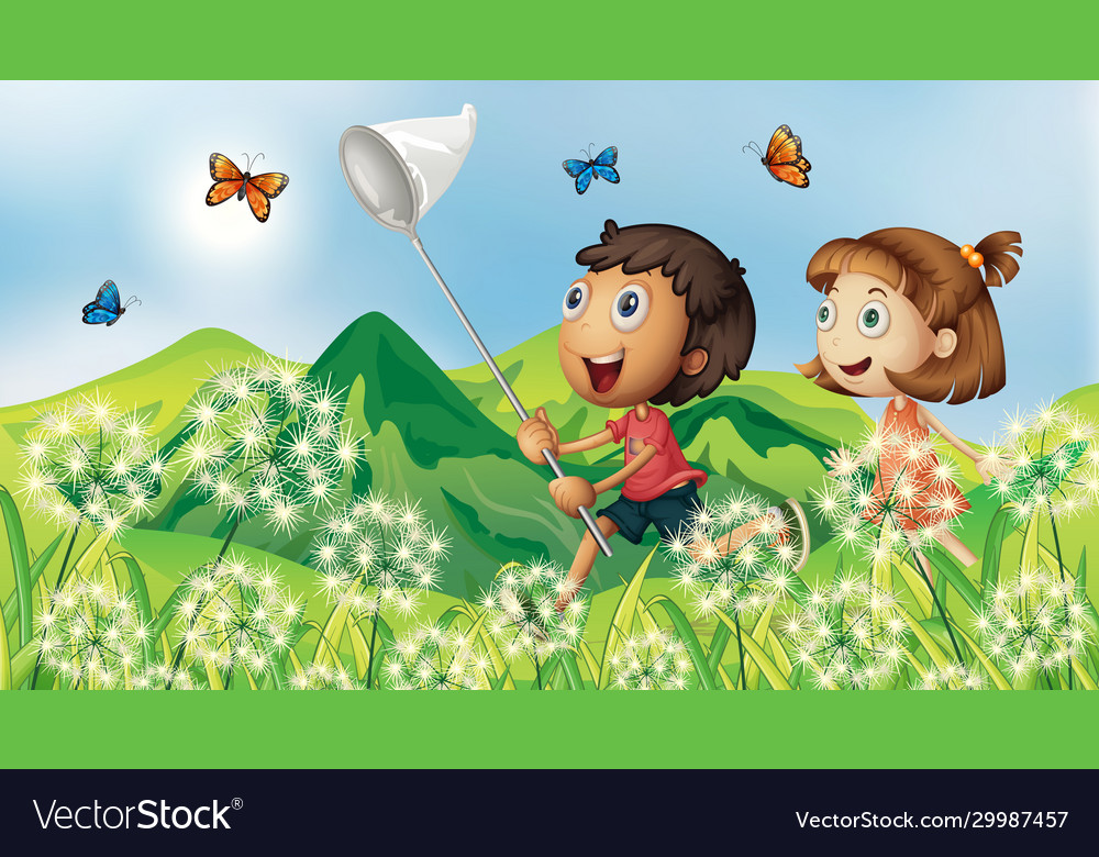 Nature scene background with children catching