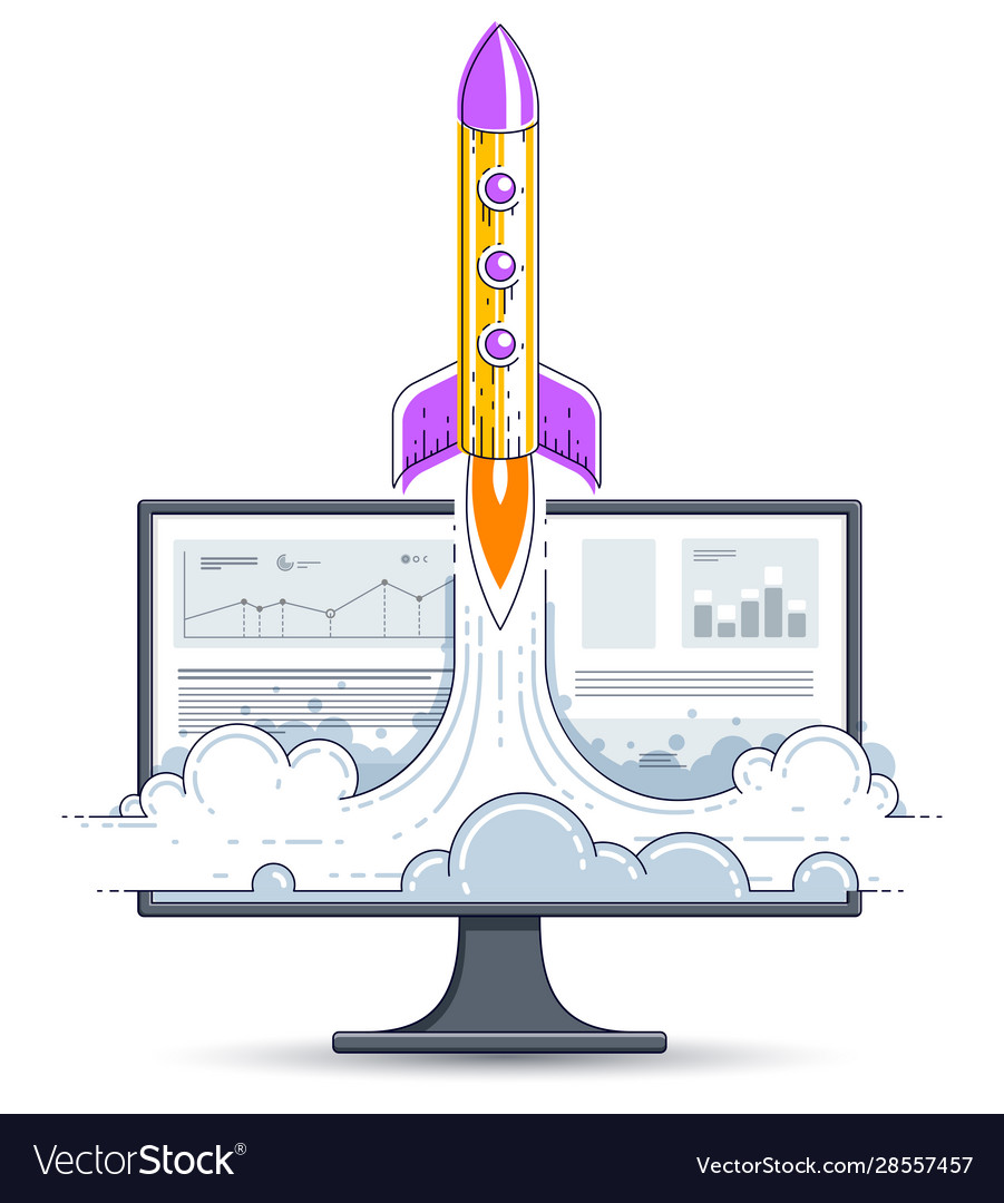 Startup rocket take off over computer monitor vector image Startup rocket take off over computer monitor
