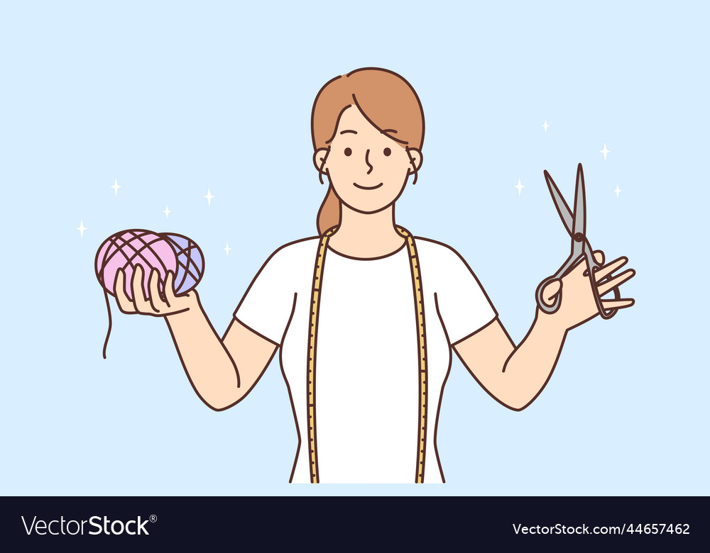 Seamstress with scissors and threads in hands vector image Seamstress with scissors and threads in hands