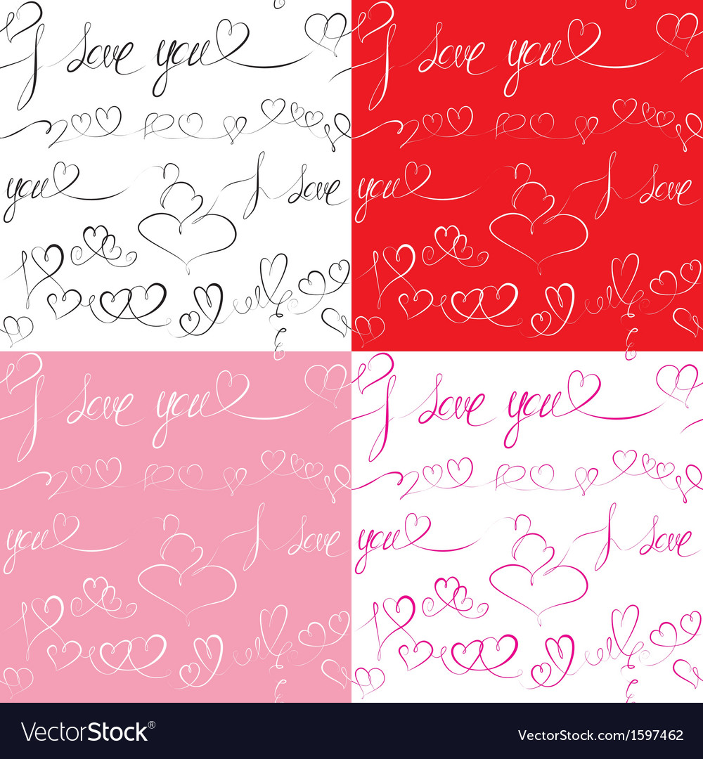 Set of seamless patterns with hand drawn hearts