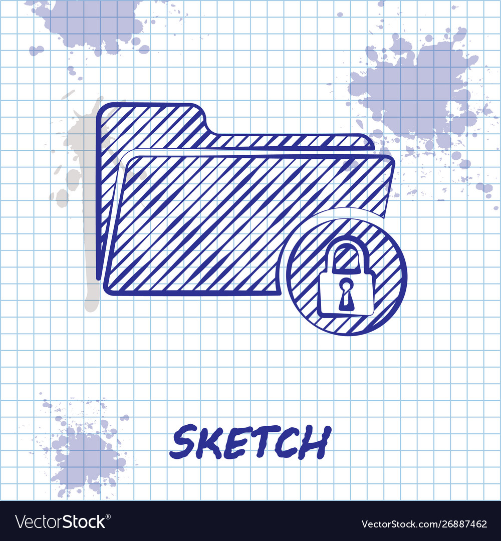 Sketch line folder and lock icon isolated on white