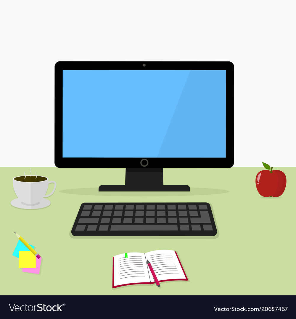 Black computer on the desk working space vector image Black computer on the desk working space