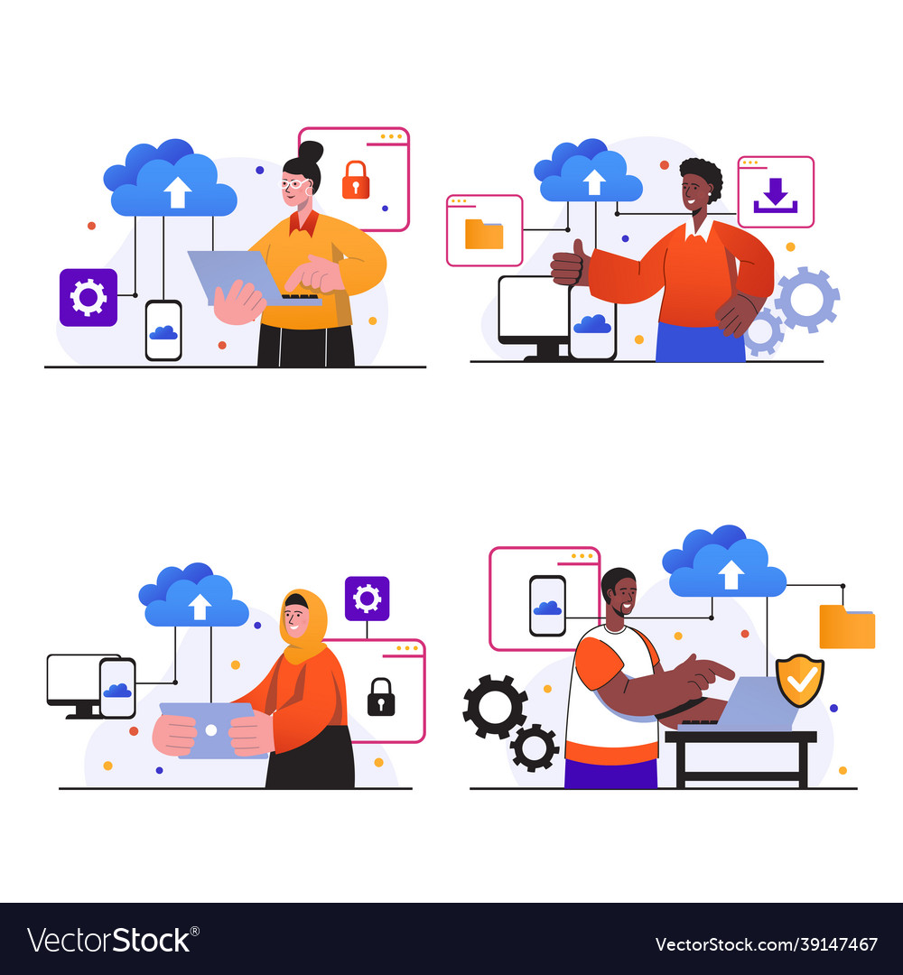 Cloud computing concept scenes set vector image Cloud computing concept scenes set
