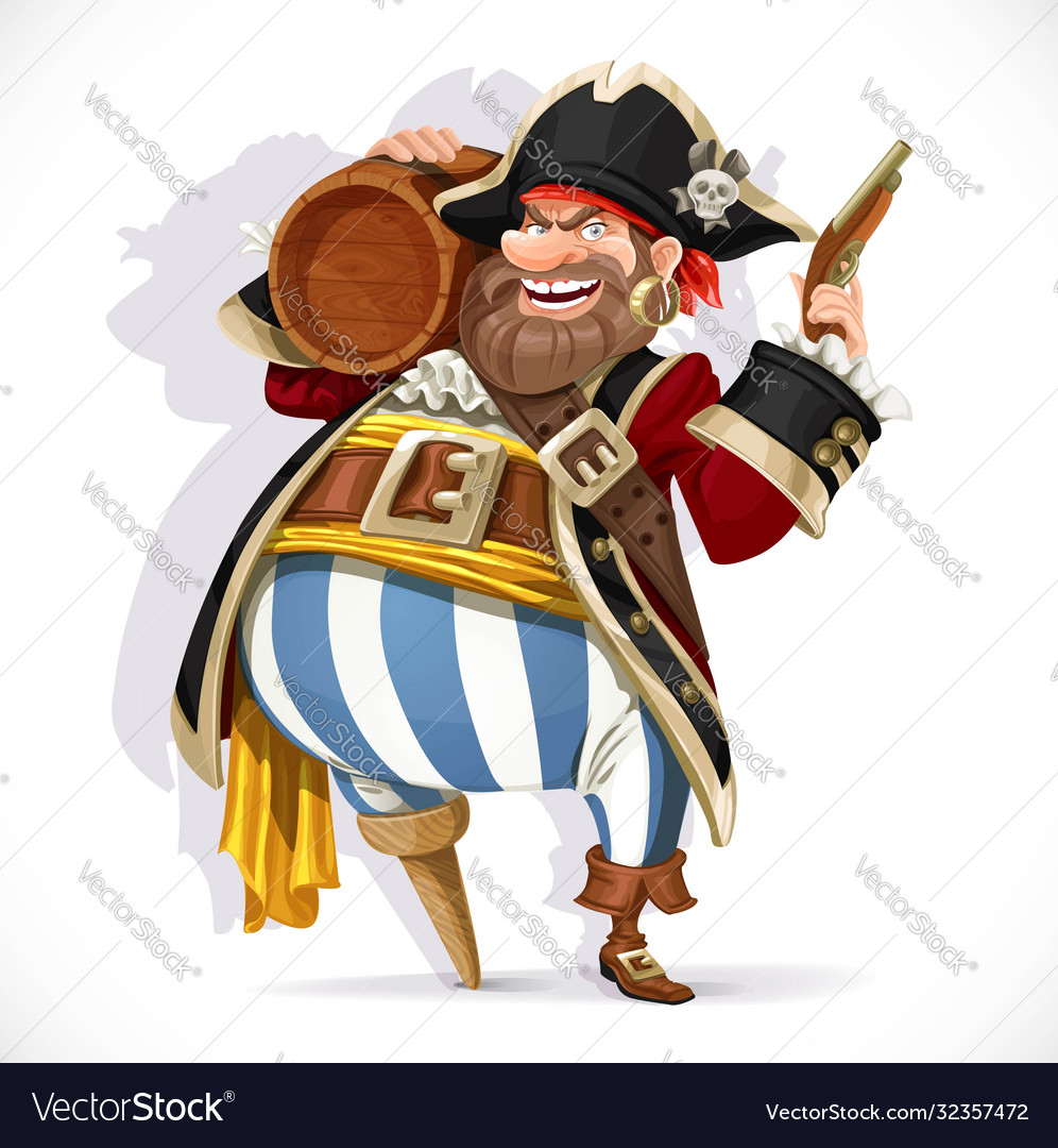 Old pirate with a wooden leg holding keg rum