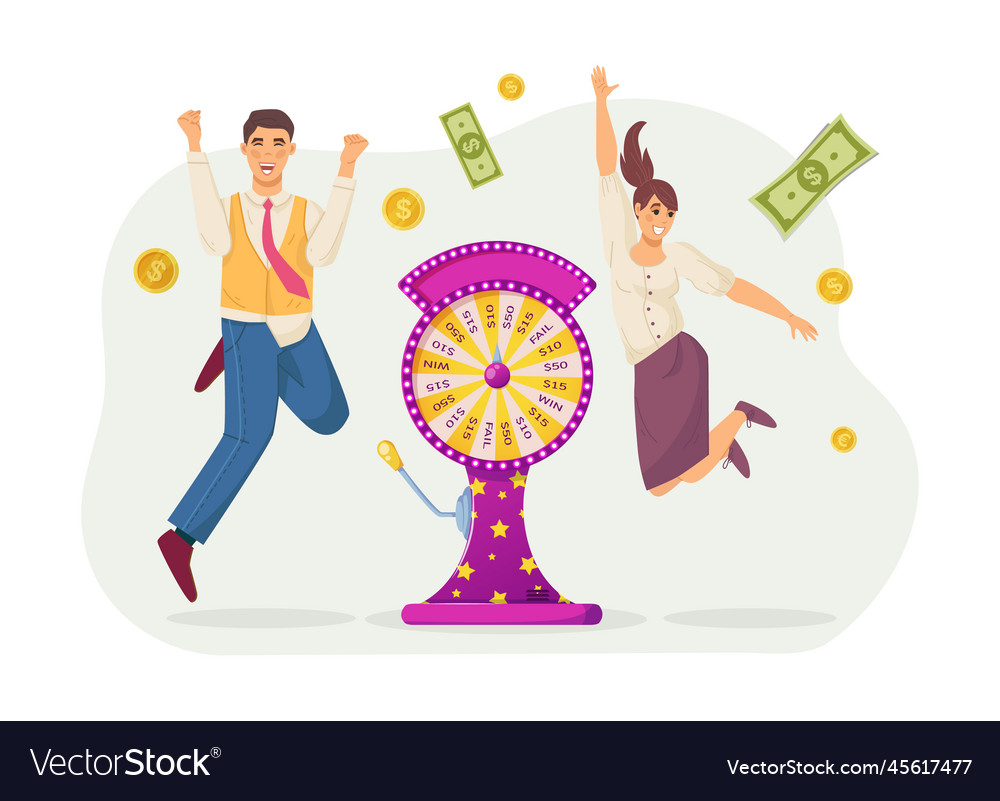 Excited happy man and woman winning money vector image Excited happy man and woman winning money