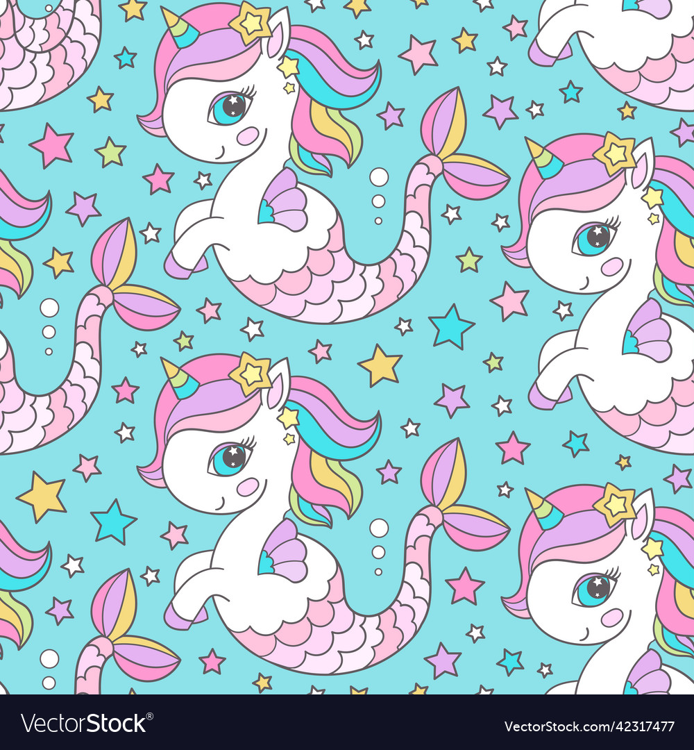 Seamless pattern unicorn seahorse on a blue