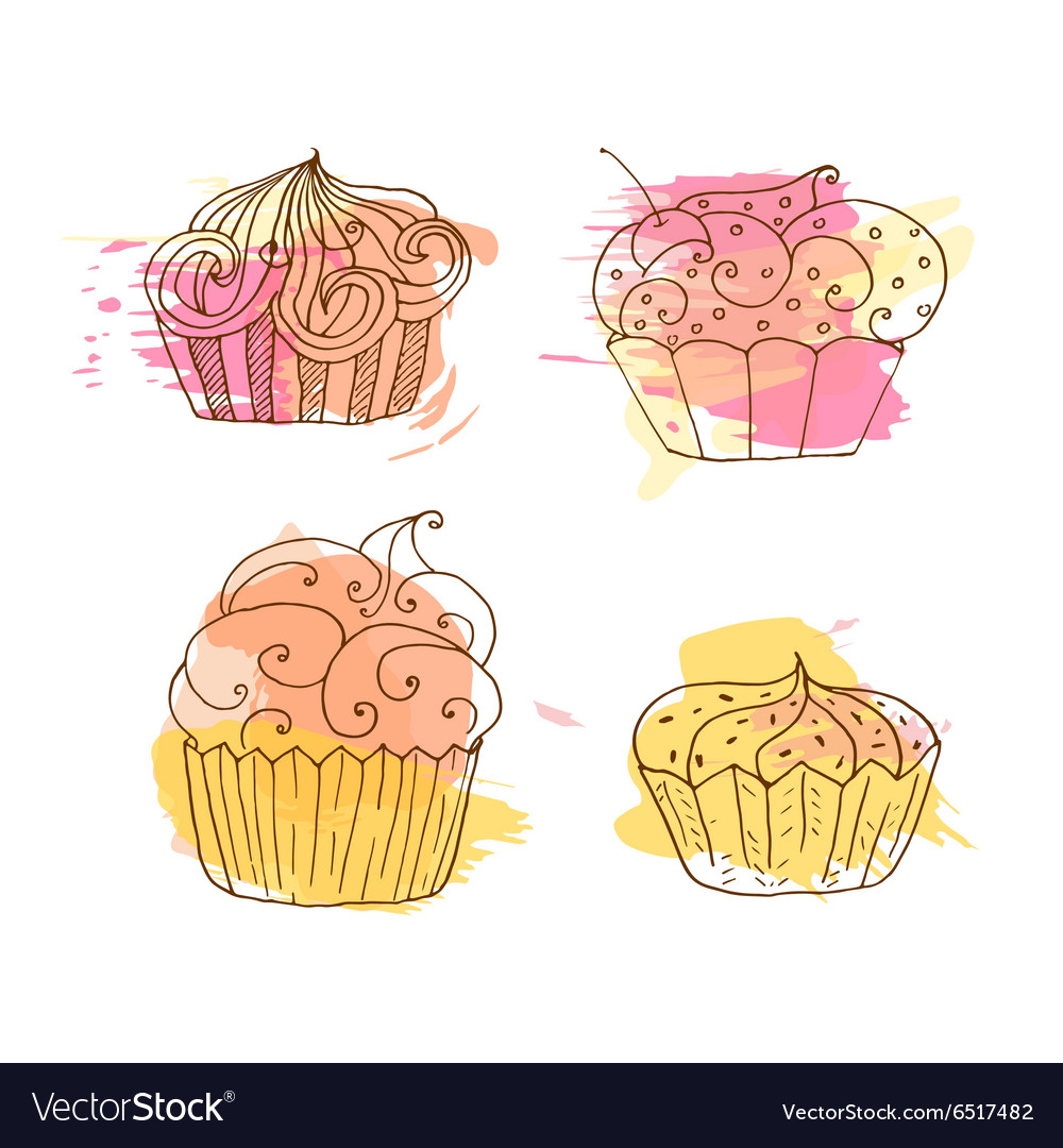 Cupcake set of 4 hand drawn