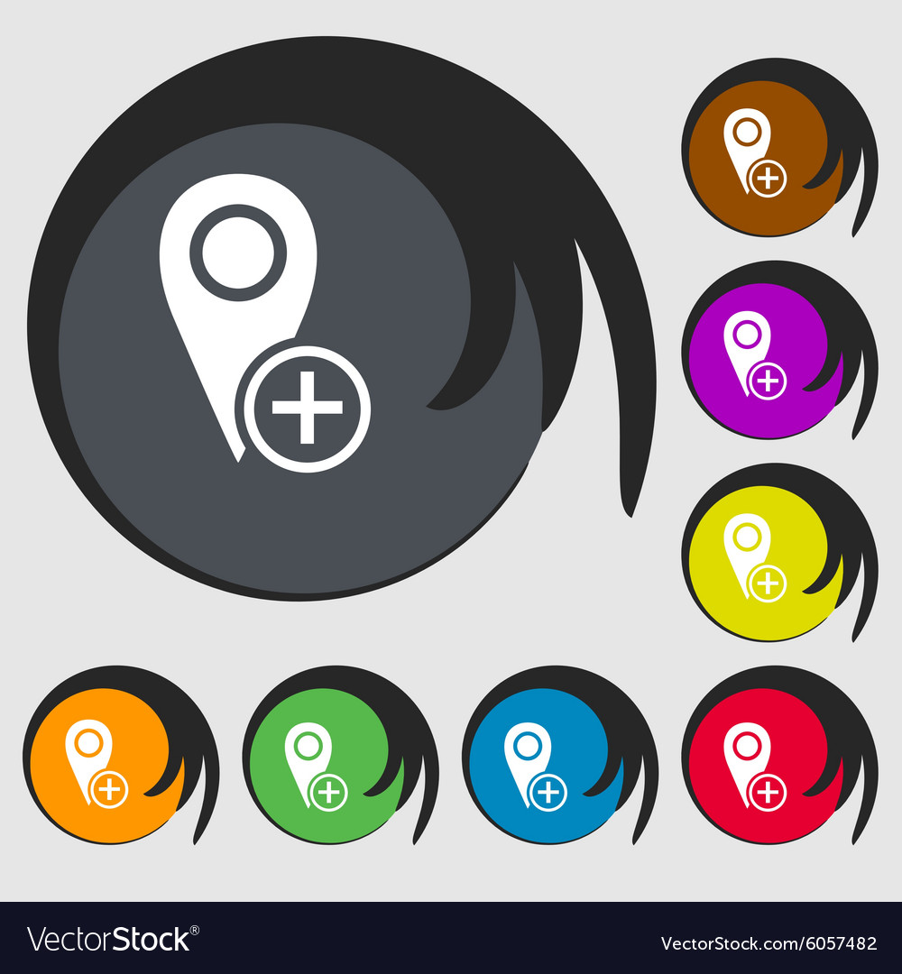 Map pointer icon sign symbols on eight colored