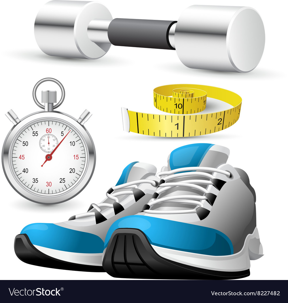 Pair of running shoes stopwatch and measuring tape