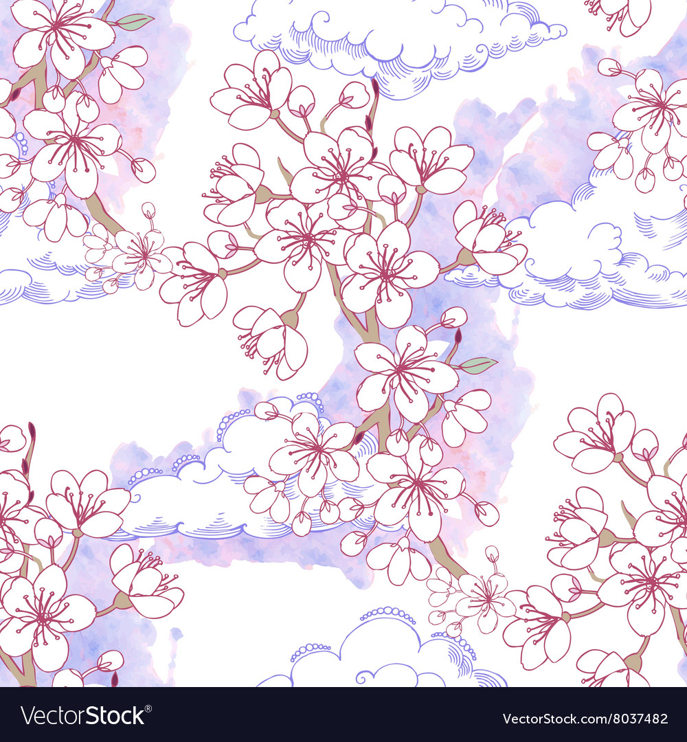 Seamless pattern with sakura and clouds